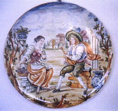 Ceramiche d-Arte di Albisola - Piatto in maiolica con scena
di corteggiamento ispirata al 700 